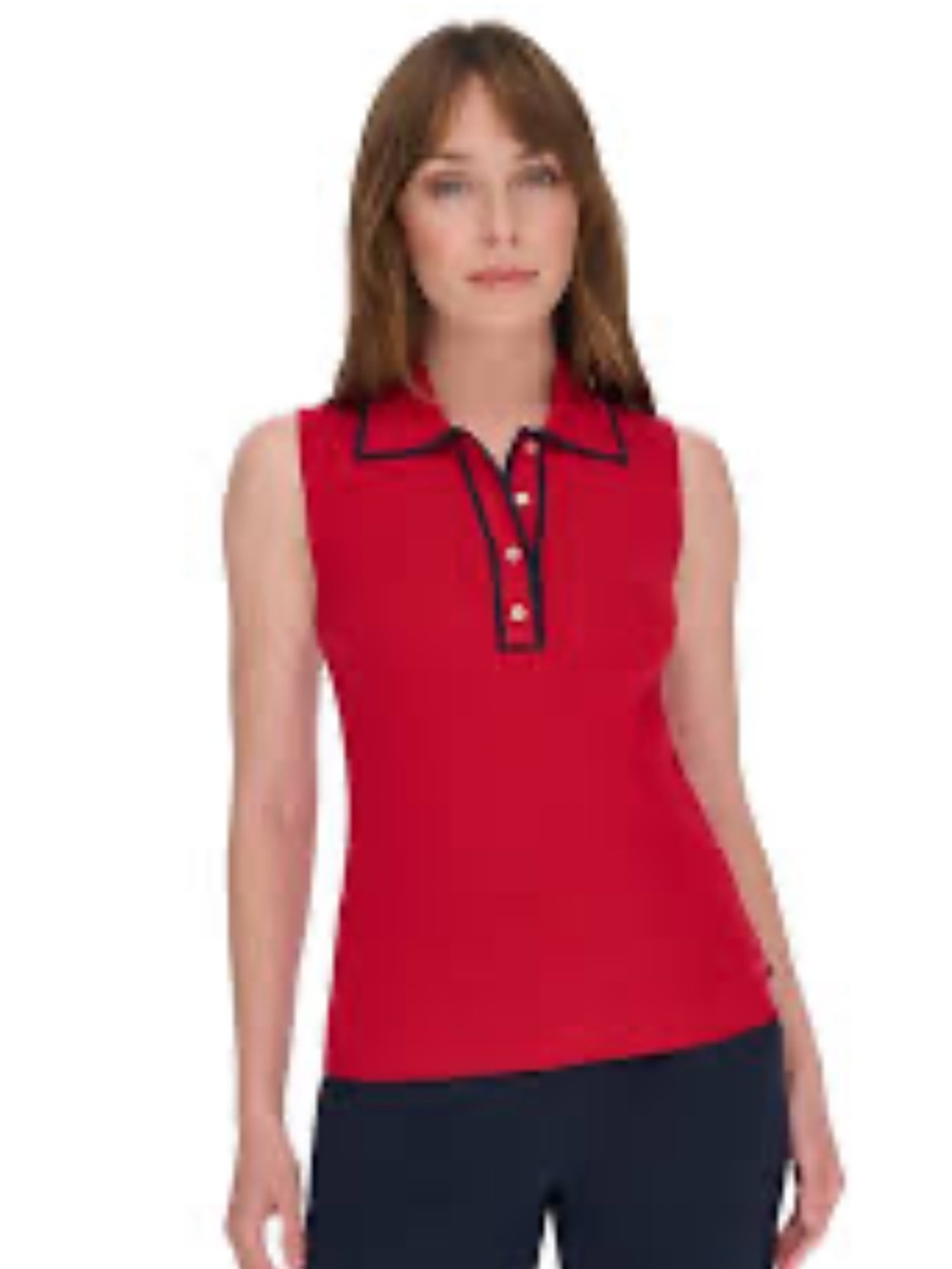 Tommy Hilfiger Red Sleeveless Ribbed Polo Tank with Navy Trim